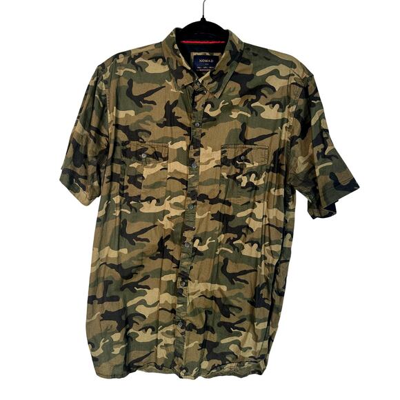 Nomad L Stretch Lite Camo Short Sleeve Button Up Hunting Shirt Army Green EUC - Picture 1 of 6